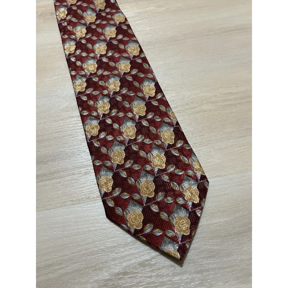 ERMENEGILDO ZEGNA Silk Tie Maroon Gold Floral Red Dress Career‎ Wear Business